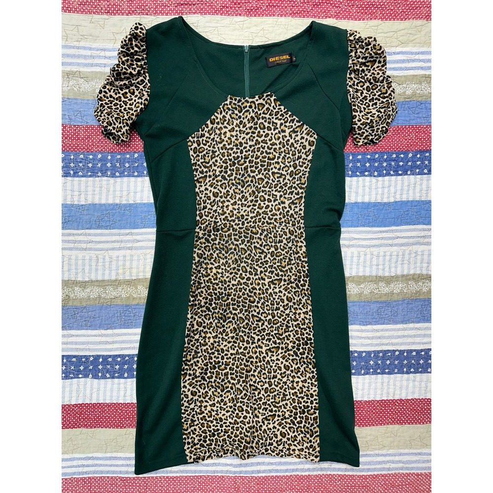 VTG Y2K Diesel Black Gold Dress Green Leopard Puff Sleeve / Women's XL